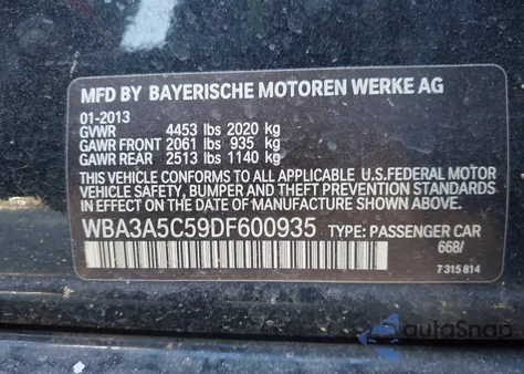 2013 BMW 328I из США, поврежденный, VIN WBA3A5C59DF600935